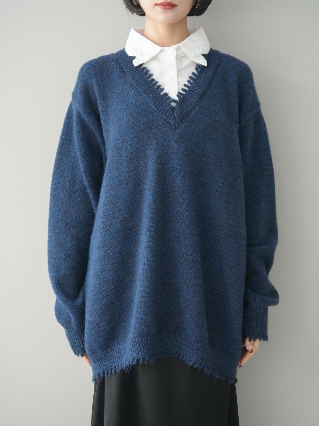 [予約]シャツドッキングVネックフリンジニットプルオーバー/navy