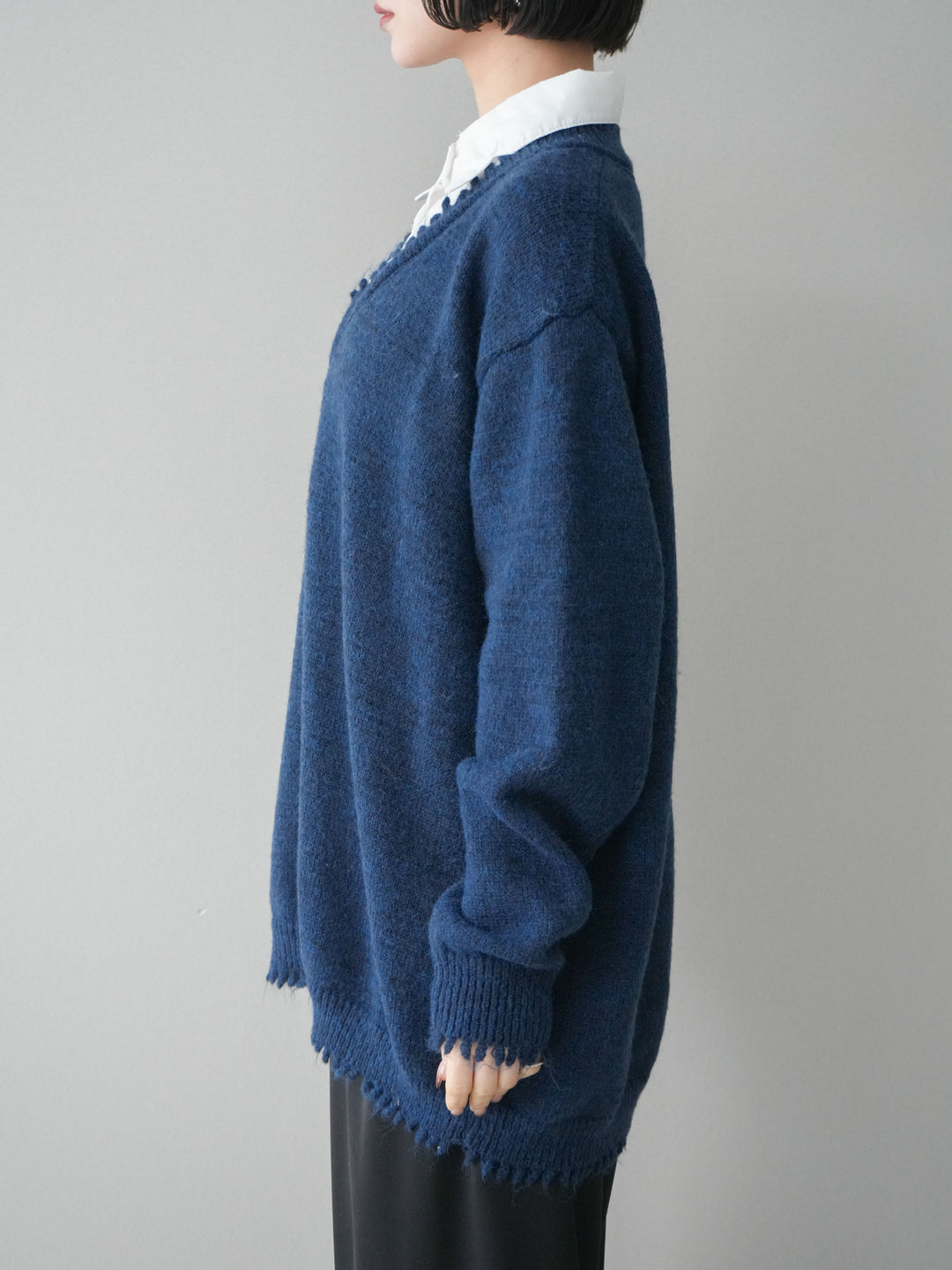 [予約]シャツドッキングVネックフリンジニットプルオーバー/navy