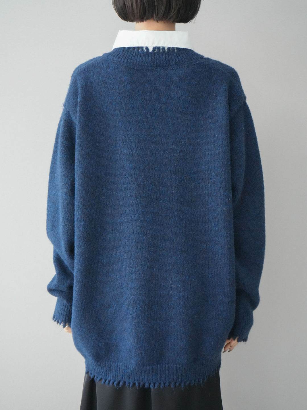 [予約]シャツドッキングVネックフリンジニットプルオーバー/navy