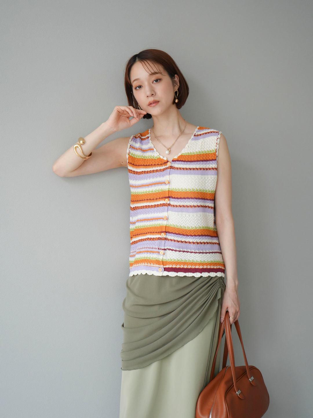 [予約]マルチボーダーニットベスト/オレンジ