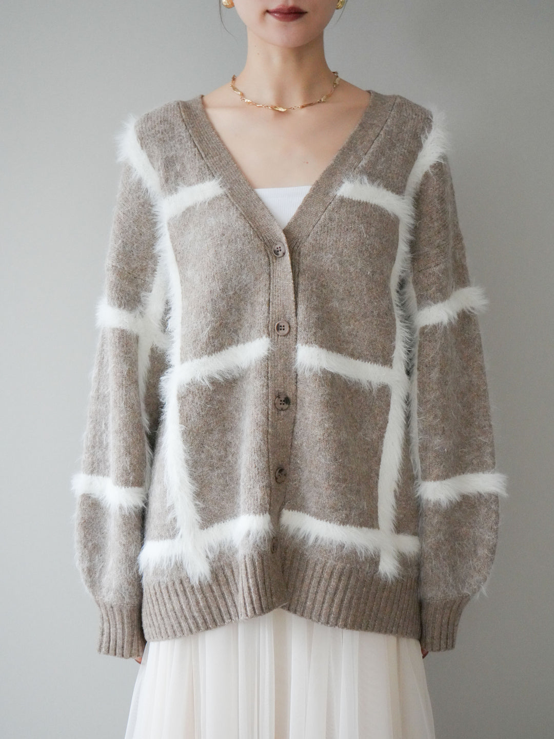 [予約]ミックスシャギーチェックカーディガン/beige