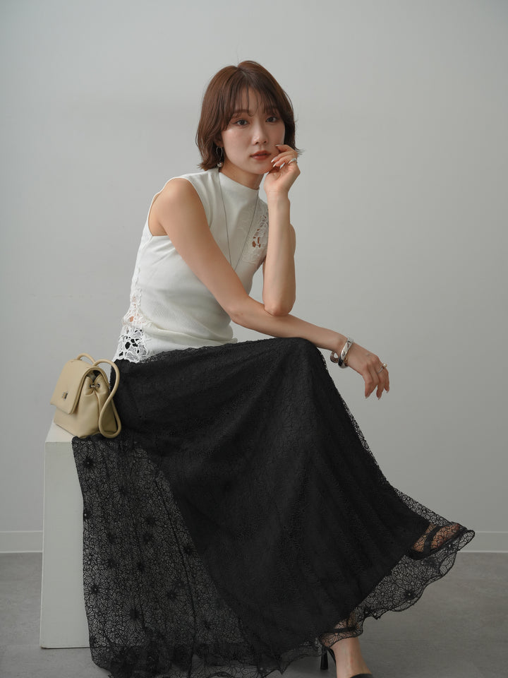 【套裝】側邊蕾絲無袖仿針織上衣+花卉蕾絲百褶裙（兩件套）