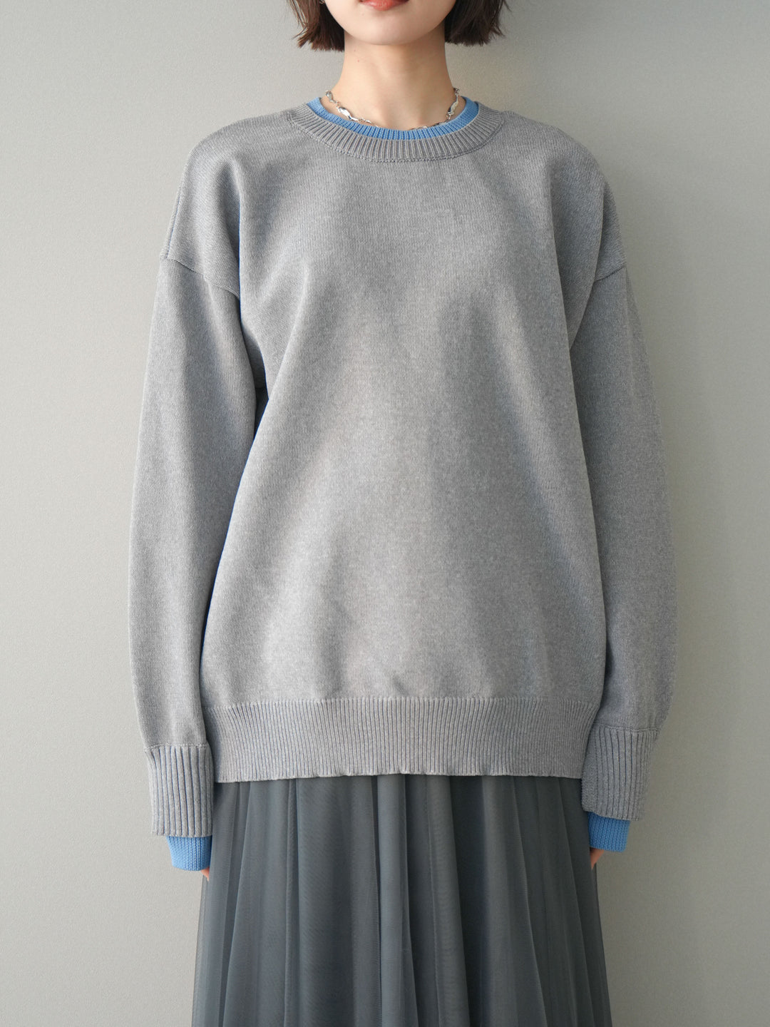 [予約]2WAYネック配色レイヤードニットプルオーバー/gray