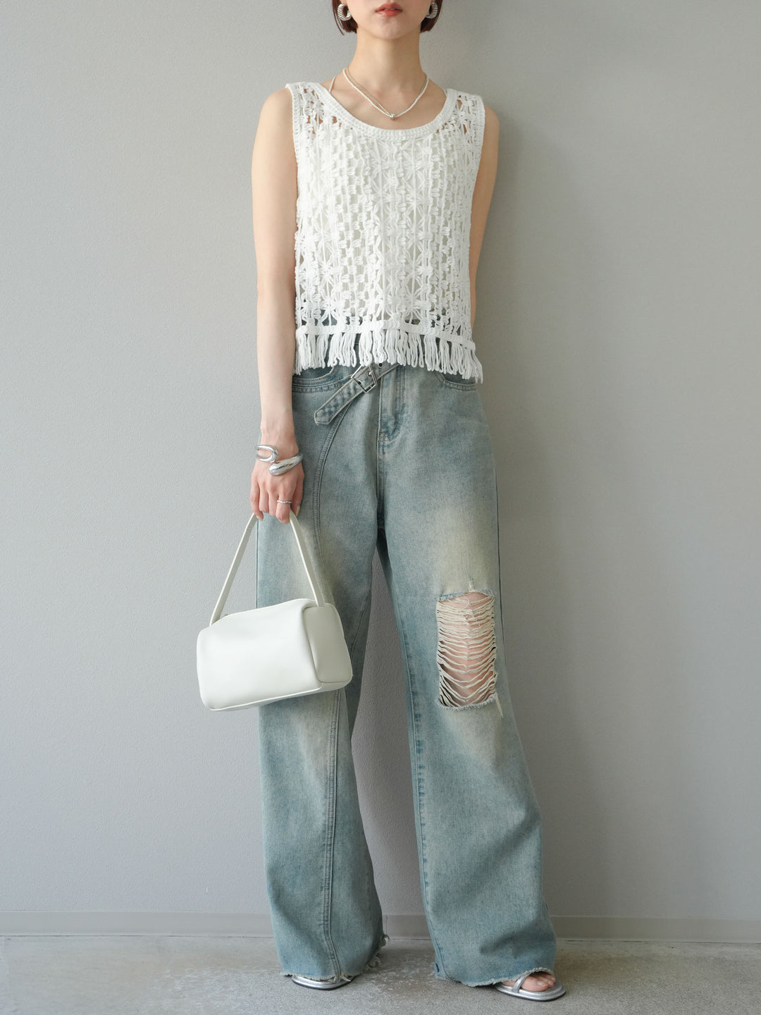 [予約]クロシェ編みフリンジタンクトップ/オフホワイト