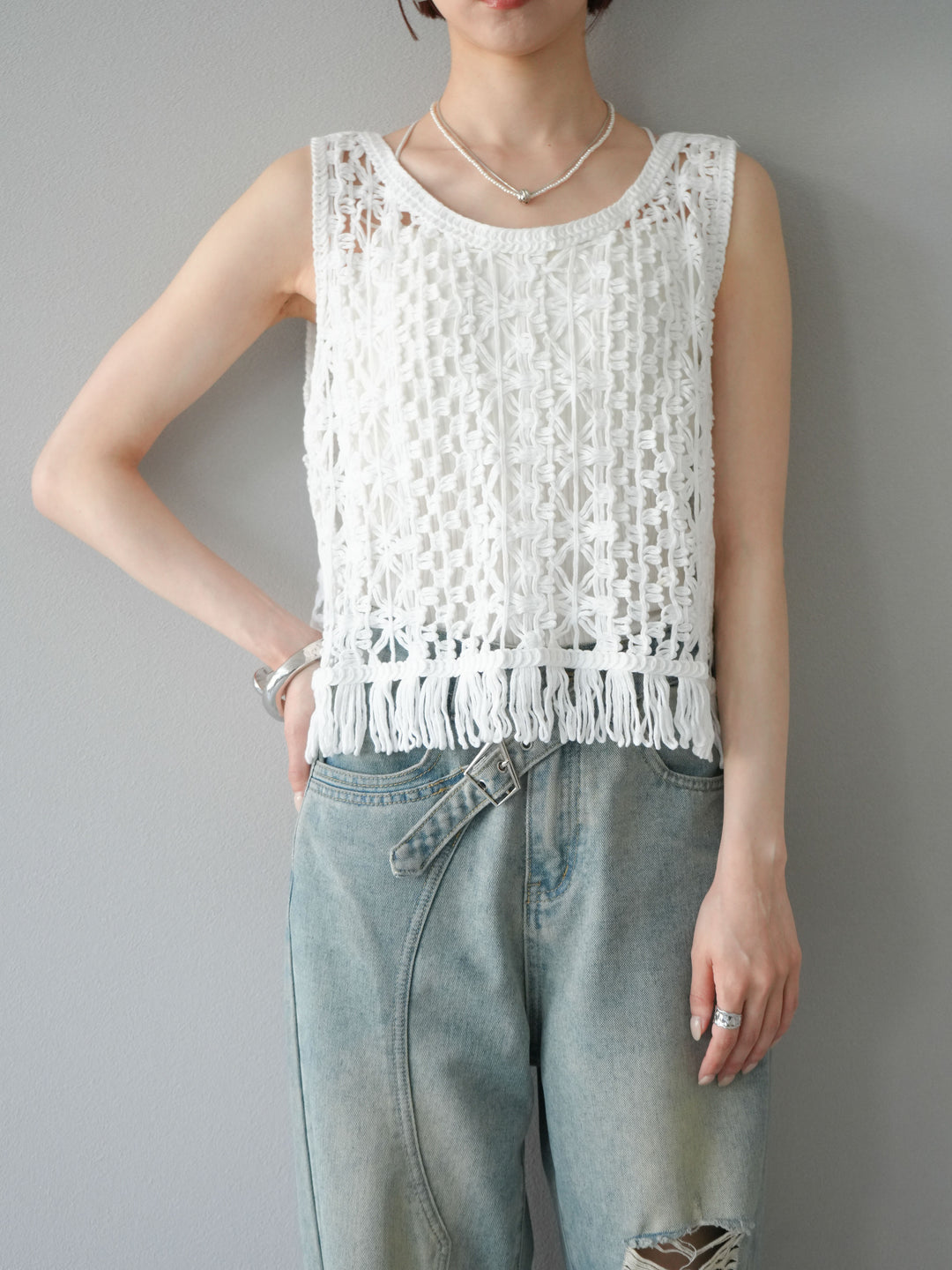 [予約]クロシェ編みフリンジタンクトップ/オフホワイト