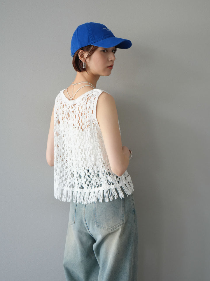 [予約]クロシェ編みフリンジタンクトップ/オフホワイト
