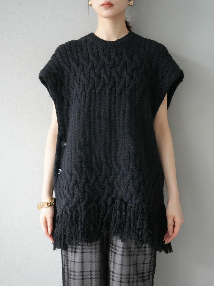 [予約]ケーブルニットフリンジベスト/ブラック