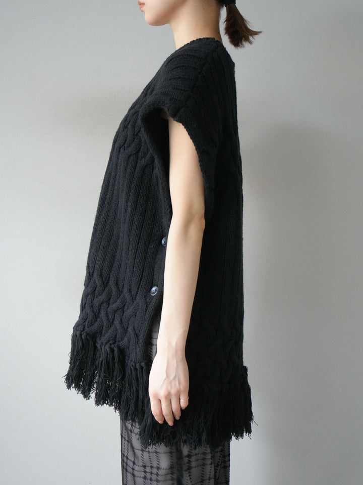 [予約]ケーブルニットフリンジベスト/ブラック