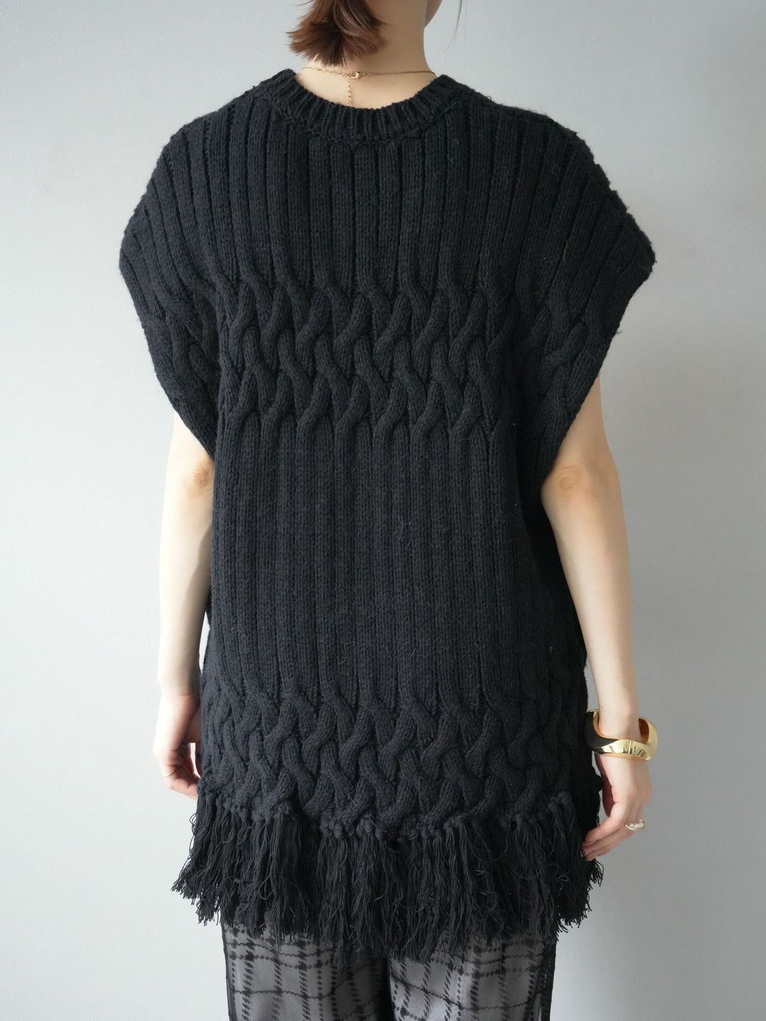 [予約]ケーブルニットフリンジベスト/ブラック