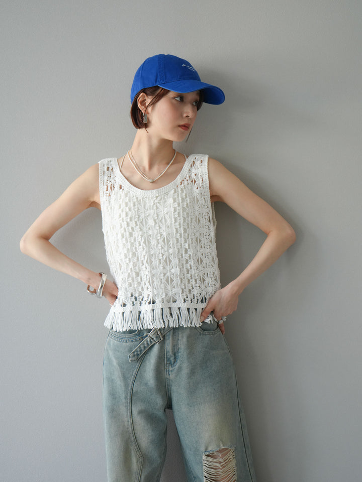 [予約]クロシェ編みフリンジタンクトップ/オフホワイト