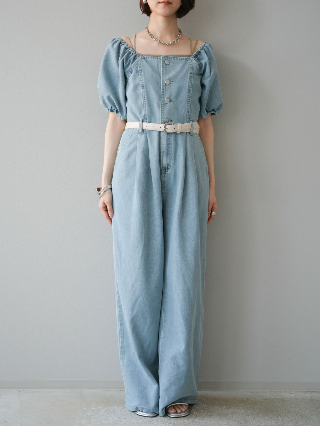 【預購】泡泡袖牛仔連身衣/淺藍
