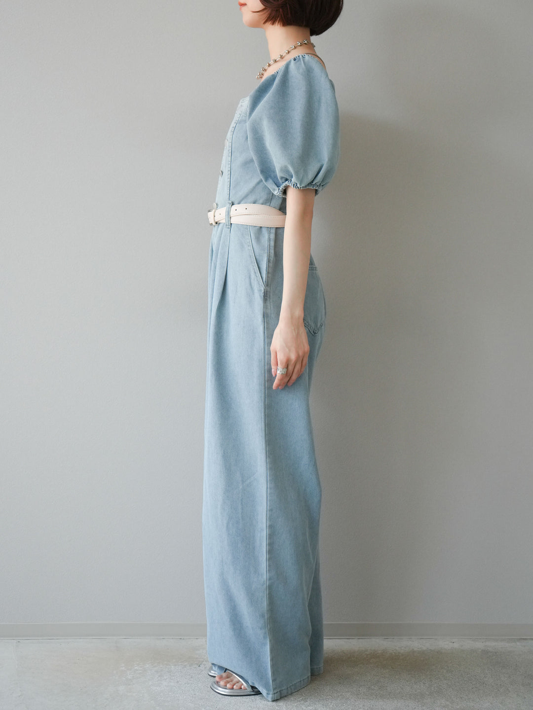 【預購】泡泡袖牛仔連身衣/淺藍