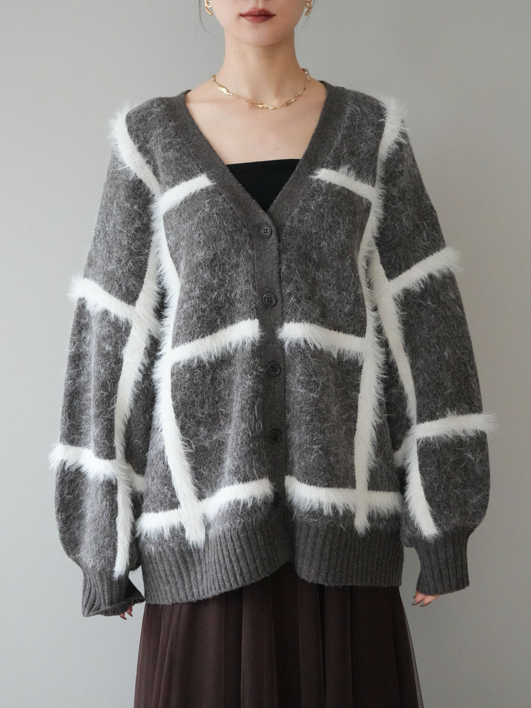 [予約]ミックスシャギーチェックカーディガン/brown