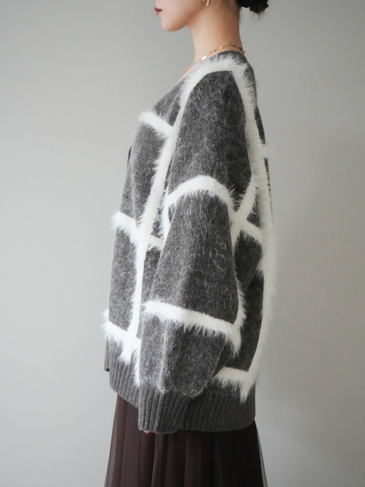 [予約]ミックスシャギーチェックカーディガン/brown