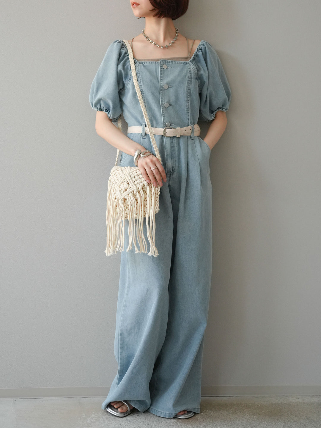 【預購】泡泡袖牛仔連身衣/淺藍