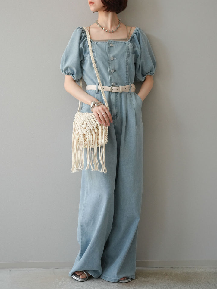 【預購】泡泡袖牛仔連身衣/淺藍