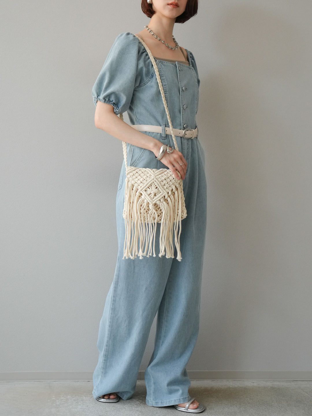 【預購】泡泡袖牛仔連身衣/淺藍