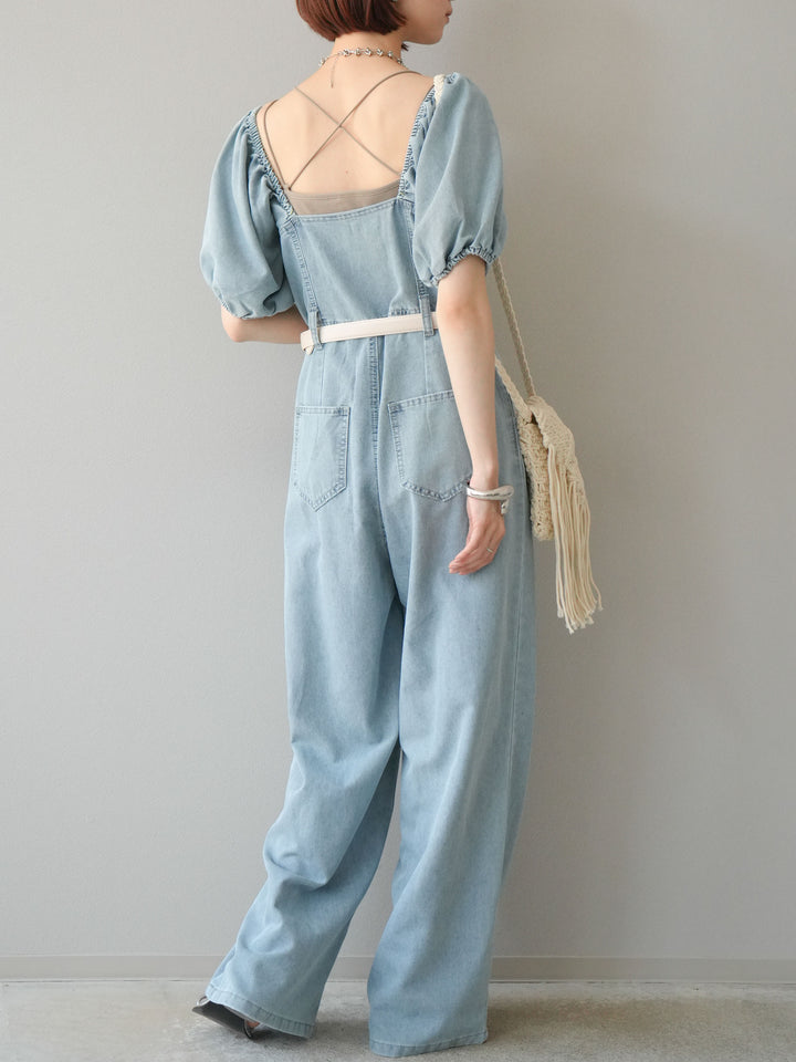 【預購】泡泡袖牛仔連身衣/淺藍