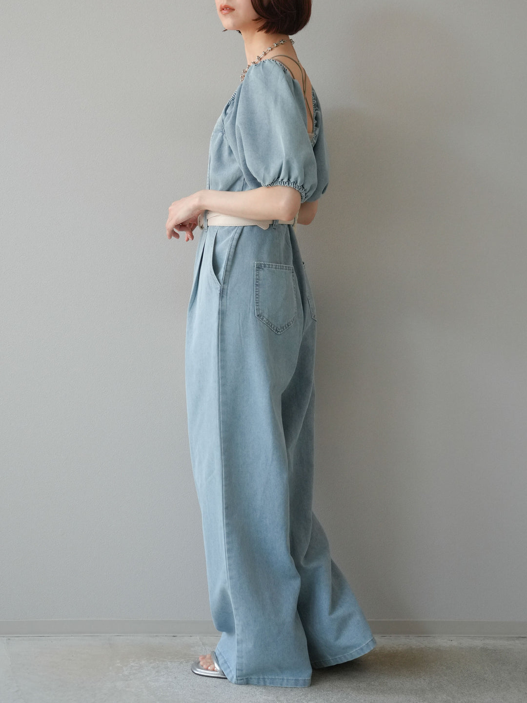 【預購】泡泡袖牛仔連身衣/淺藍