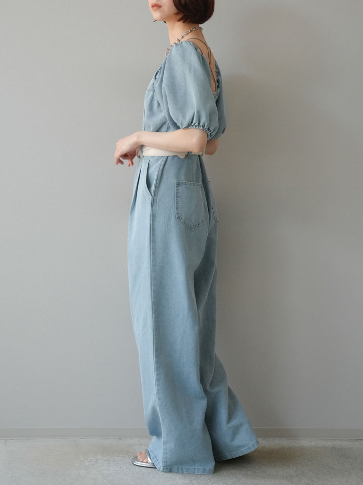 【預購】泡泡袖牛仔連身衣/淺藍