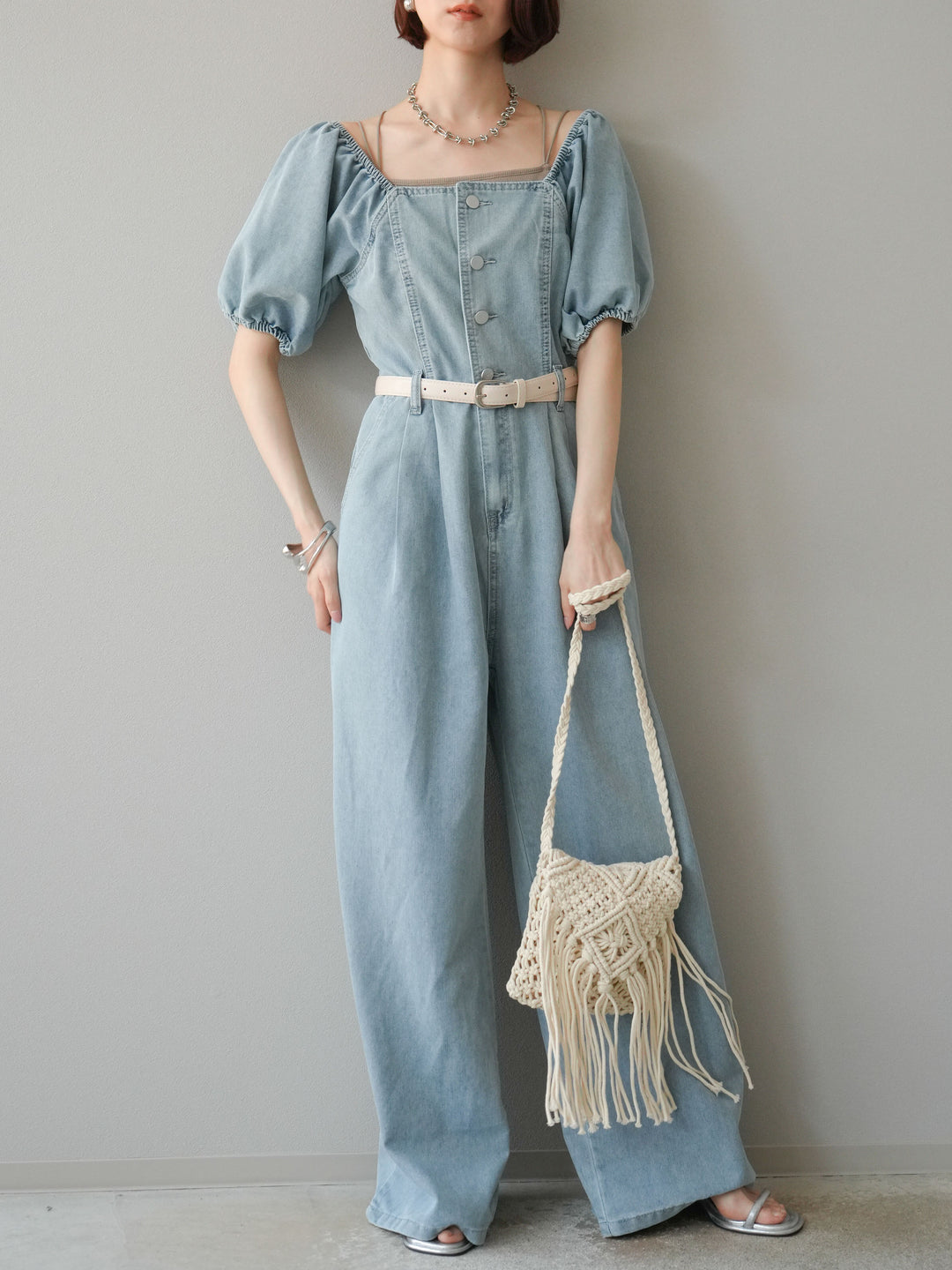 【預購】泡泡袖牛仔連身衣/淺藍