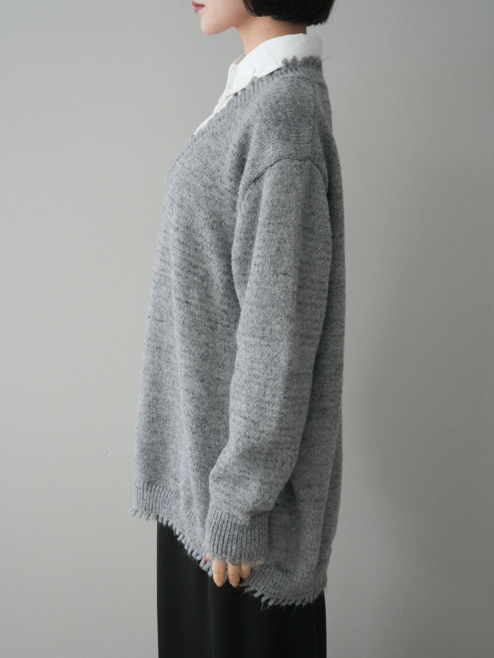 [予約]シャツドッキングVネックフリンジニットプルオーバー/gray