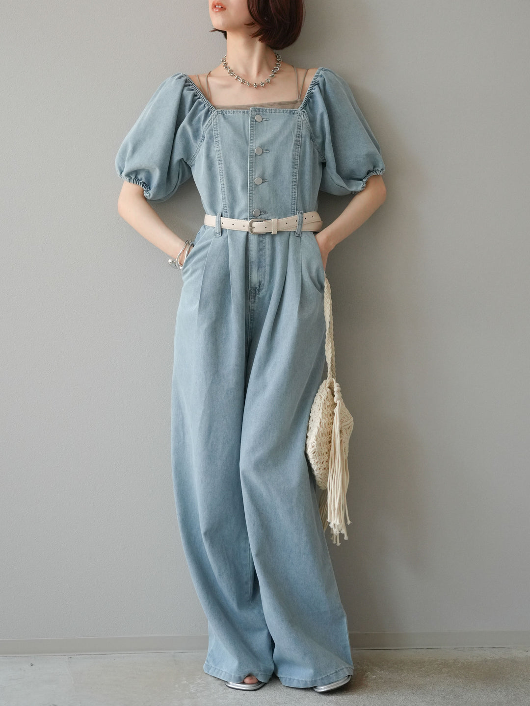【預購】泡泡袖牛仔連身衣/淺藍