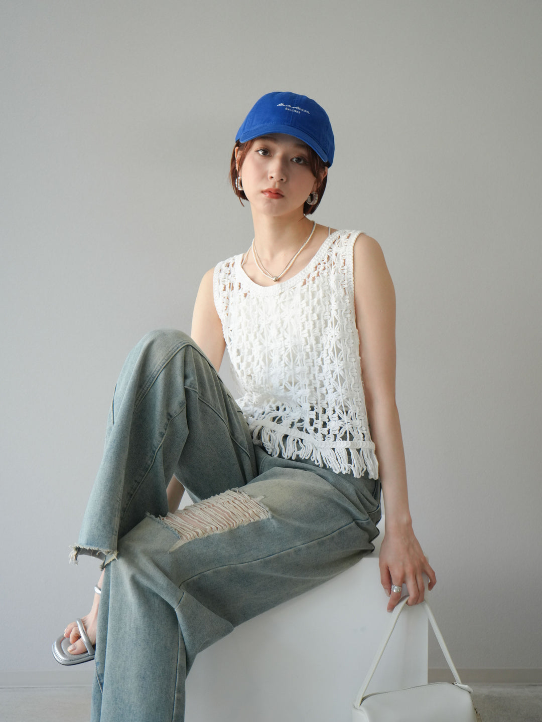 [予約]クロシェ編みフリンジタンクトップ/オフホワイト