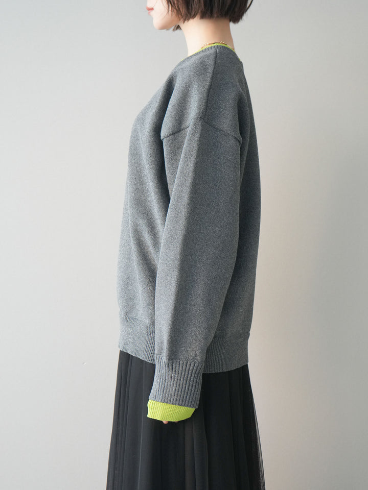 [予約]2WAYネック配色レイヤードニットプルオーバー/charcoal