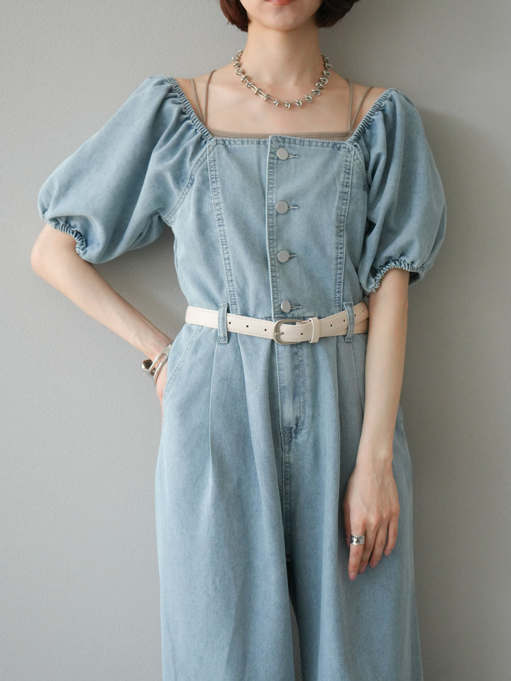 【預購】泡泡袖牛仔連身衣/淺藍