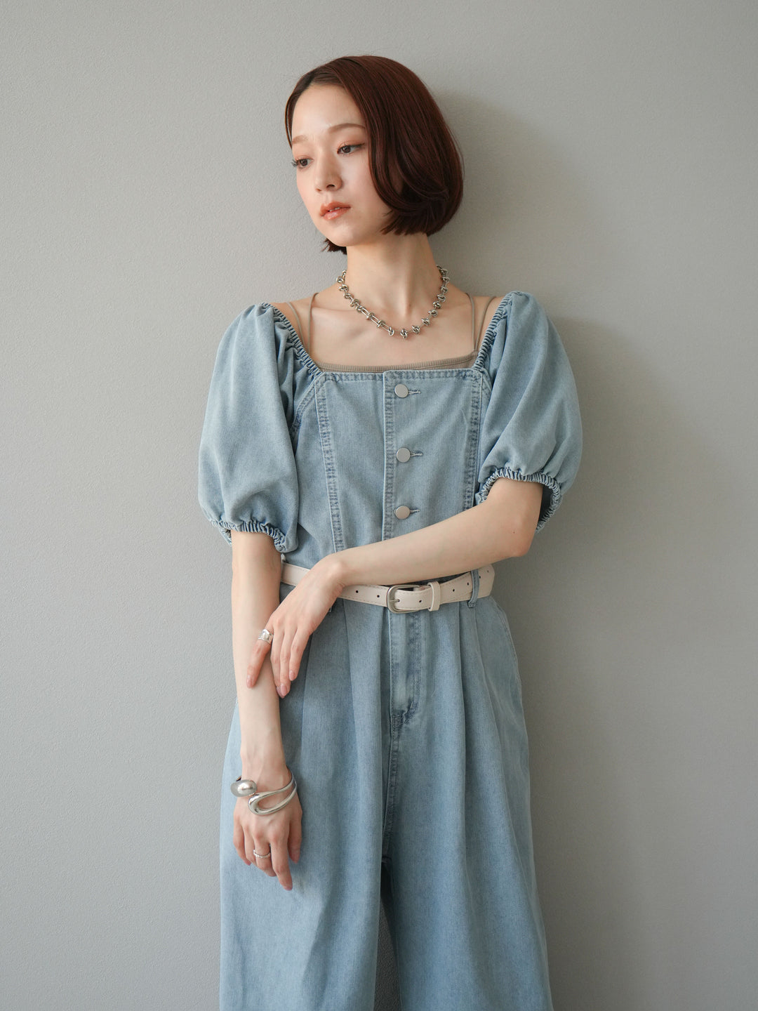 【預購】泡泡袖牛仔連身衣/淺藍