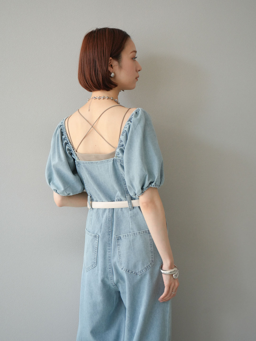 【預購】泡泡袖牛仔連身衣/淺藍
