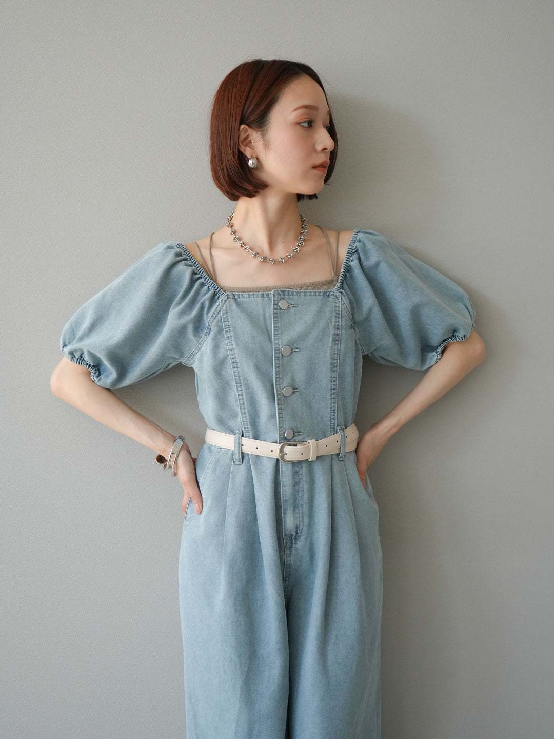 【預購】泡泡袖牛仔連身衣/淺藍