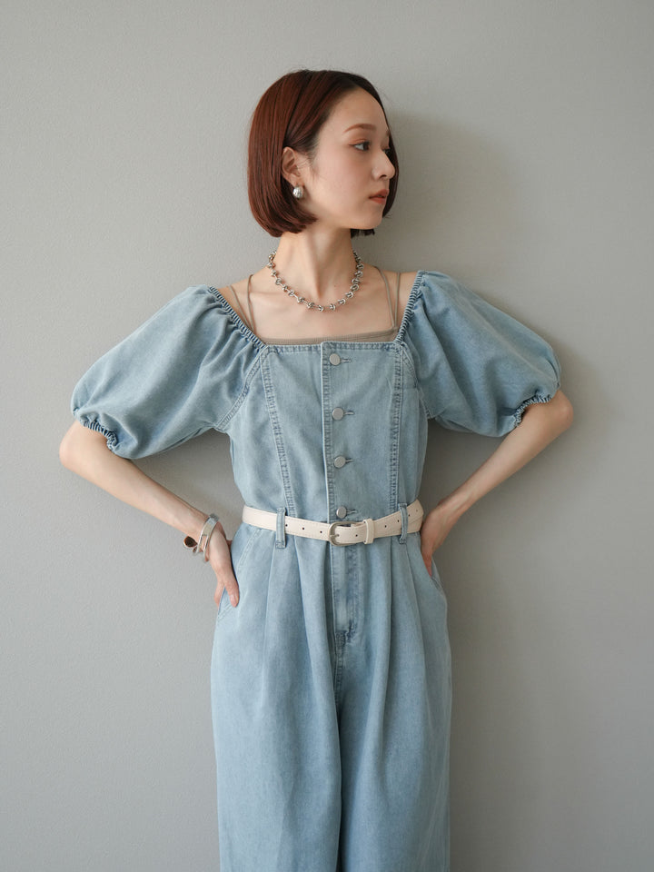 【預購】泡泡袖牛仔連身衣/淺藍