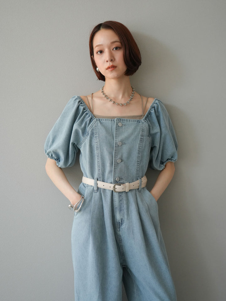 【預購】泡泡袖牛仔連身衣/淺藍