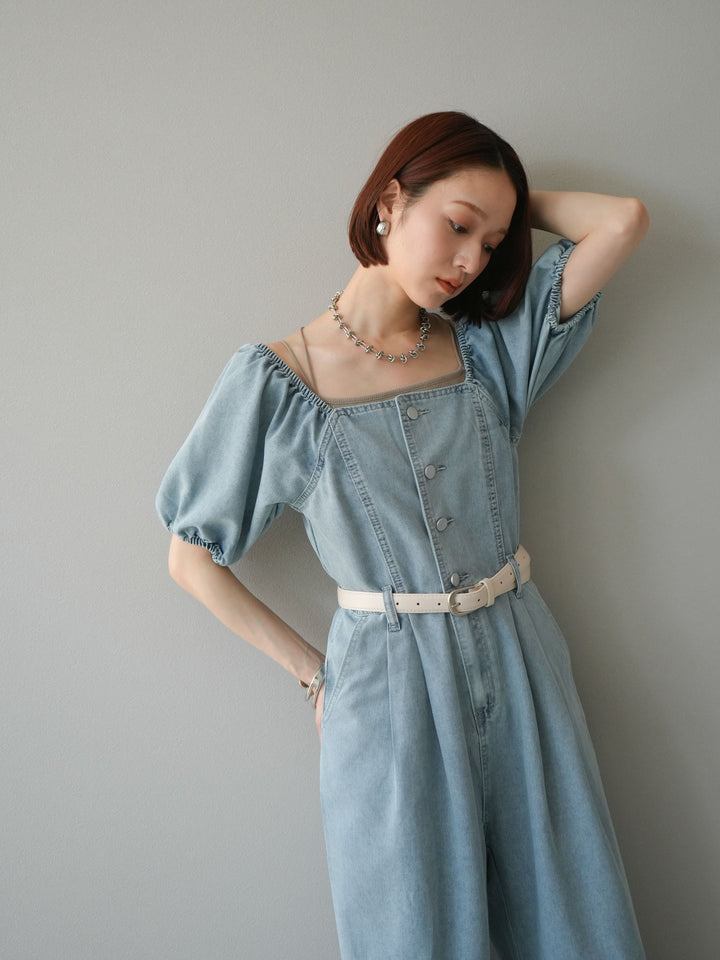 【預購】泡泡袖牛仔連身衣/淺藍