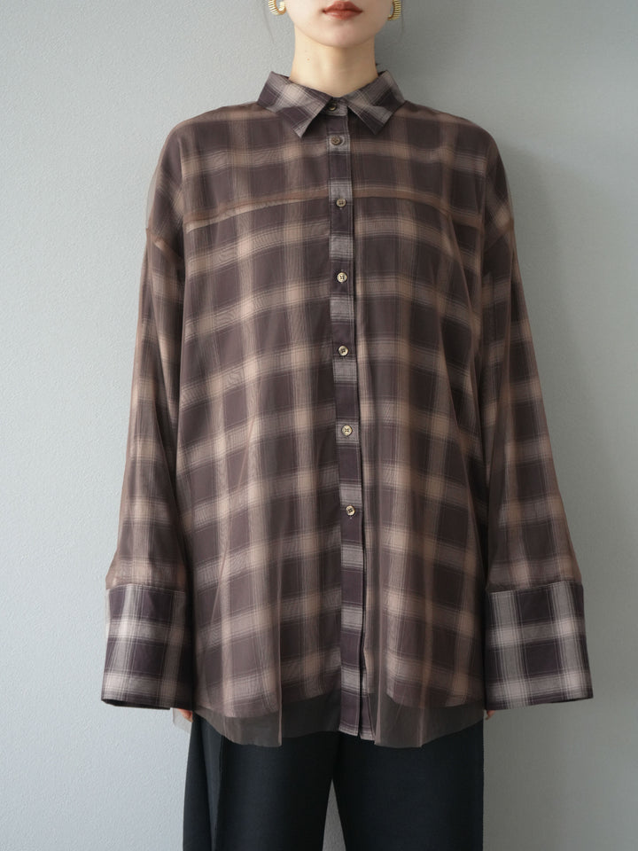 [予約]チュールドッキングチェック柄オーバーサイズシャツ/ブラウン