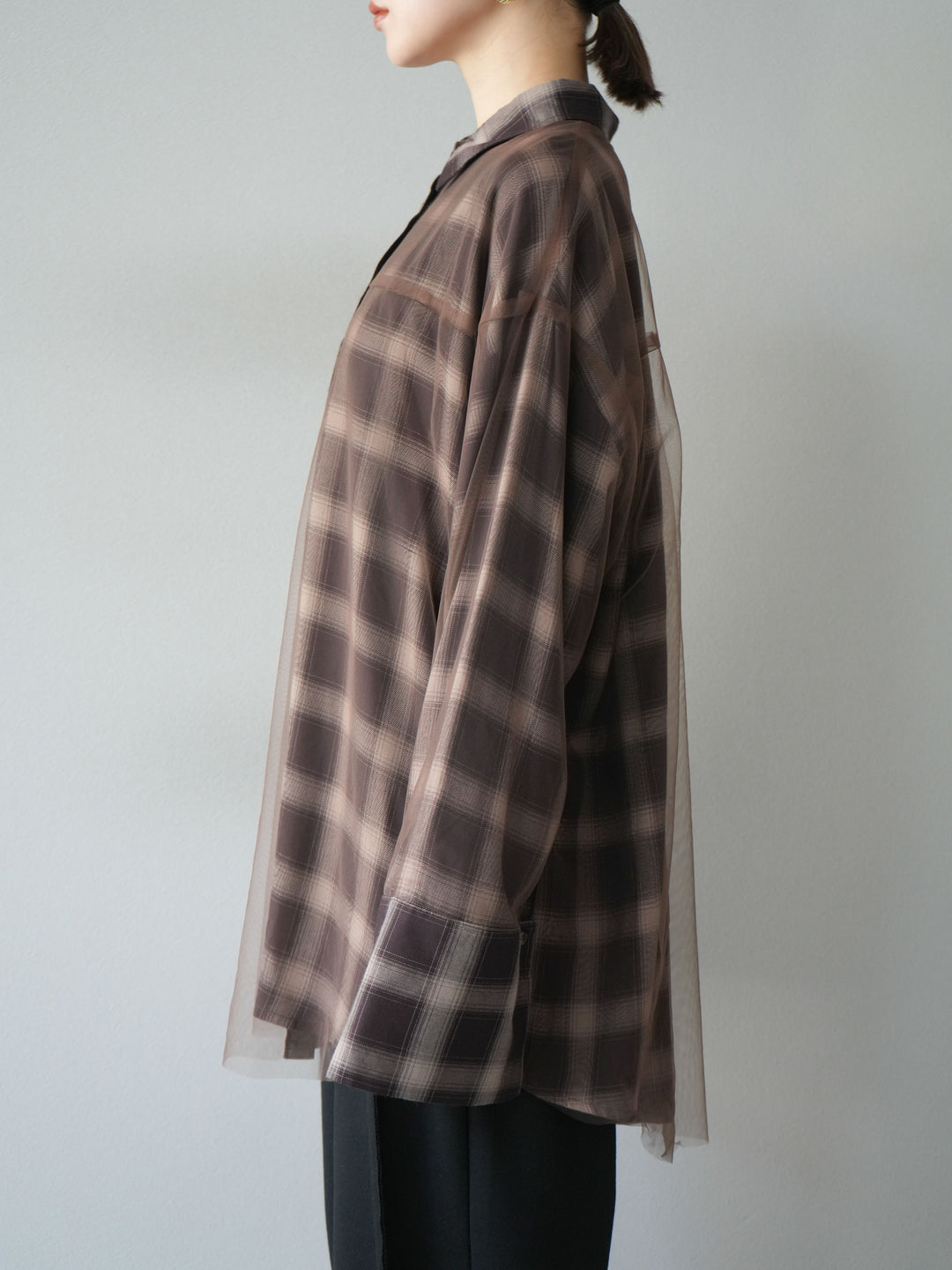 [予約]チュールドッキングチェック柄オーバーサイズシャツ/ブラウン