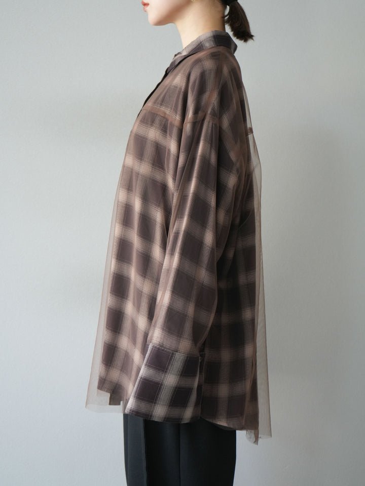 [予約]チュールドッキングチェック柄オーバーサイズシャツ/ブラウン