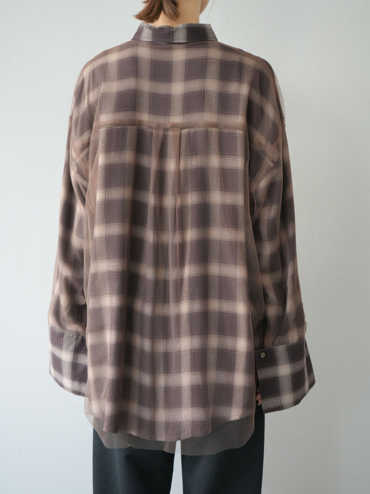 [予約]チュールドッキングチェック柄オーバーサイズシャツ/ブラウン
