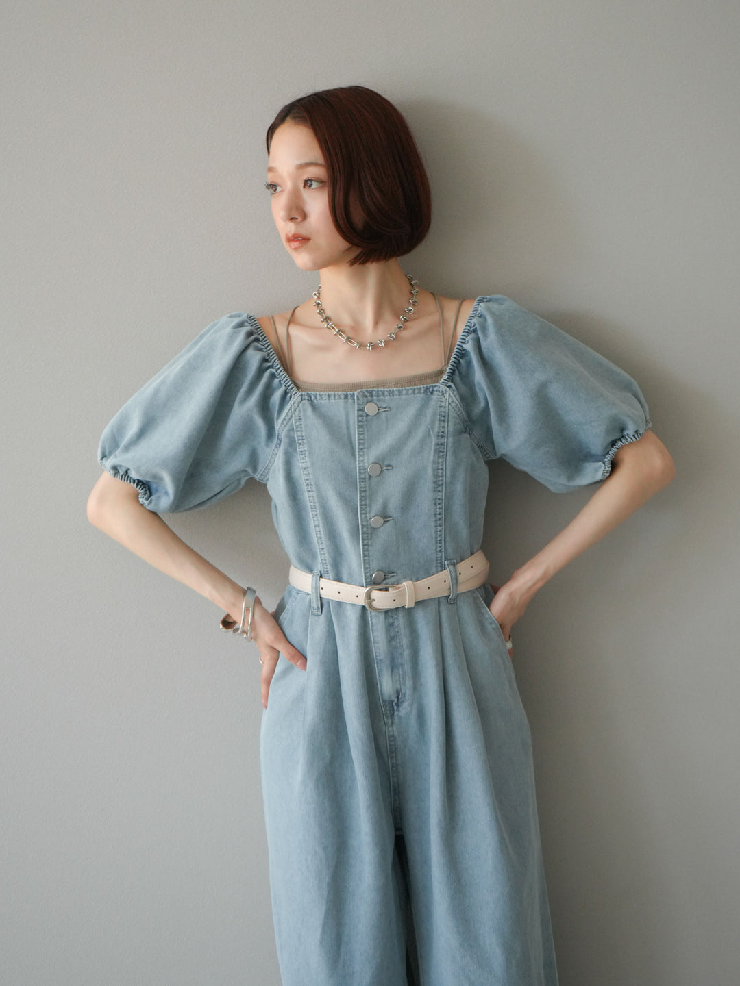 【預購】泡泡袖牛仔連身衣/淺藍