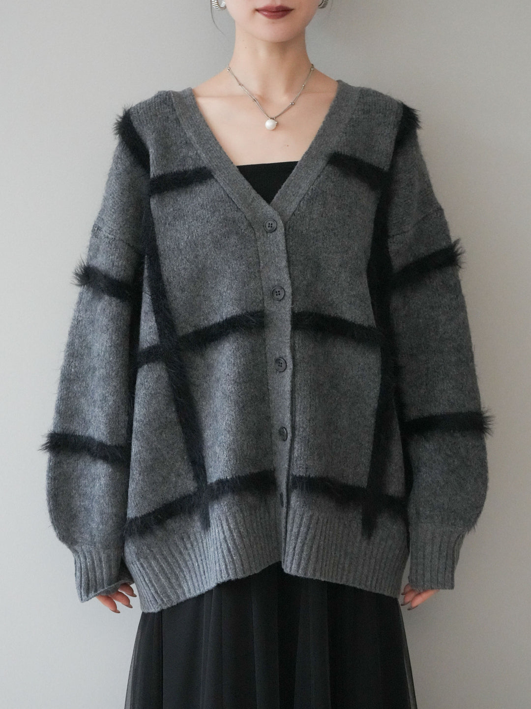 [予約]ミックスシャギーチェックカーディガン/charcoal