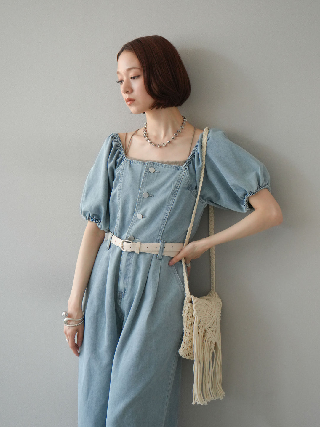 【預購】泡泡袖牛仔連身衣/淺藍