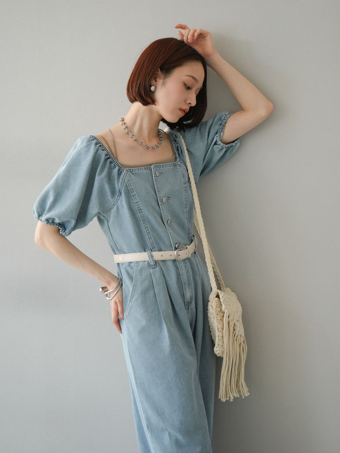 【預購】泡泡袖牛仔連身衣/淺藍