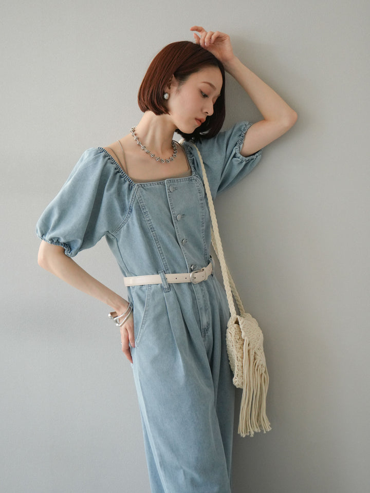 【預購】泡泡袖牛仔連身衣/淺藍