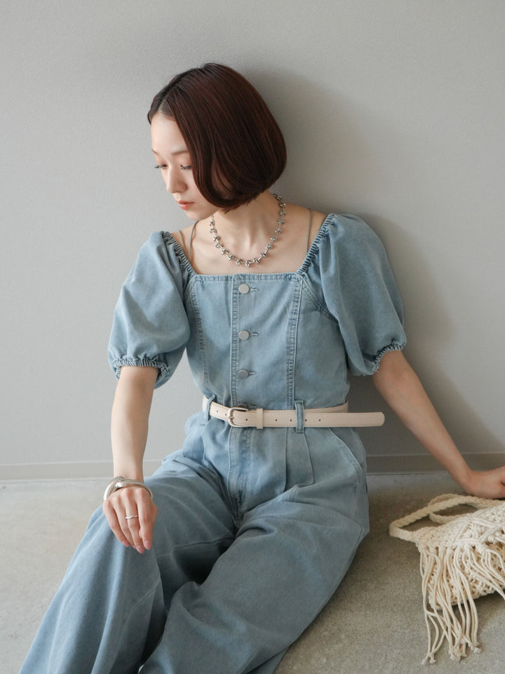 【預購】泡泡袖牛仔連身衣/淺藍