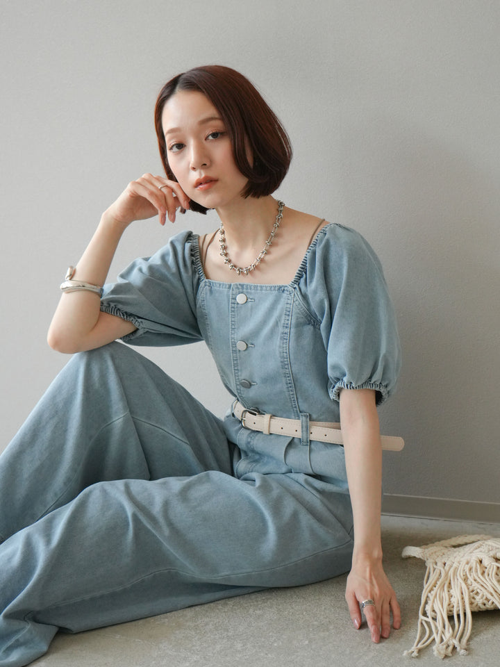 【預購】泡泡袖牛仔連身衣/淺藍