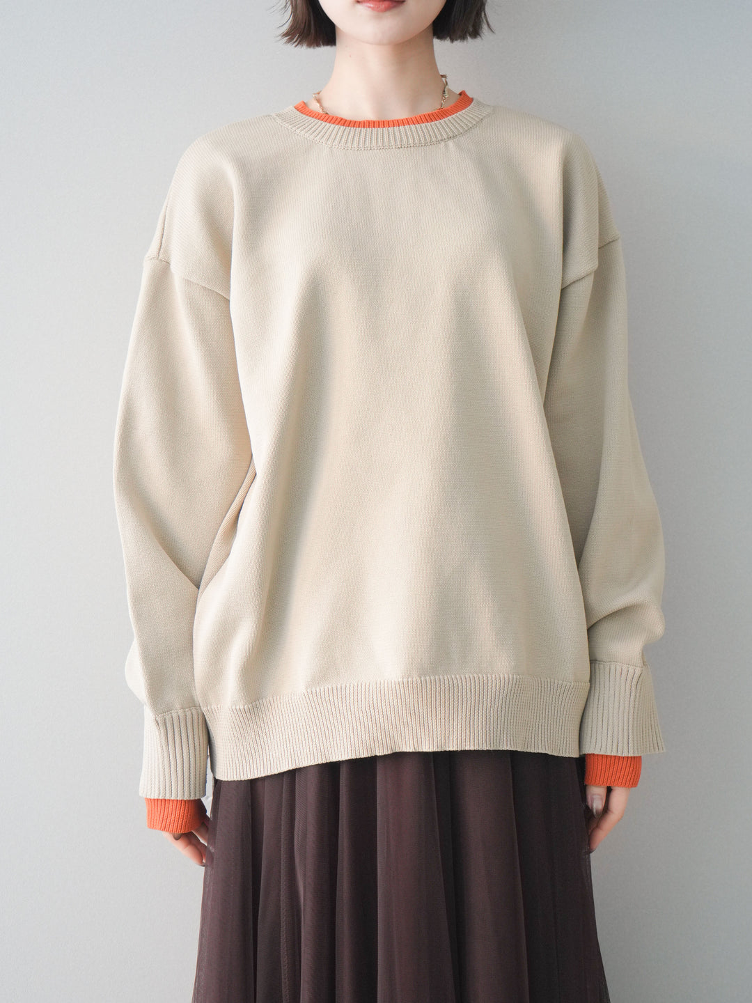 [予約]2WAYネック配色レイヤードニットプルオーバー/beige