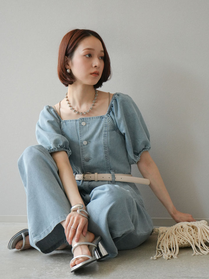 【預購】泡泡袖牛仔連身衣/淺藍