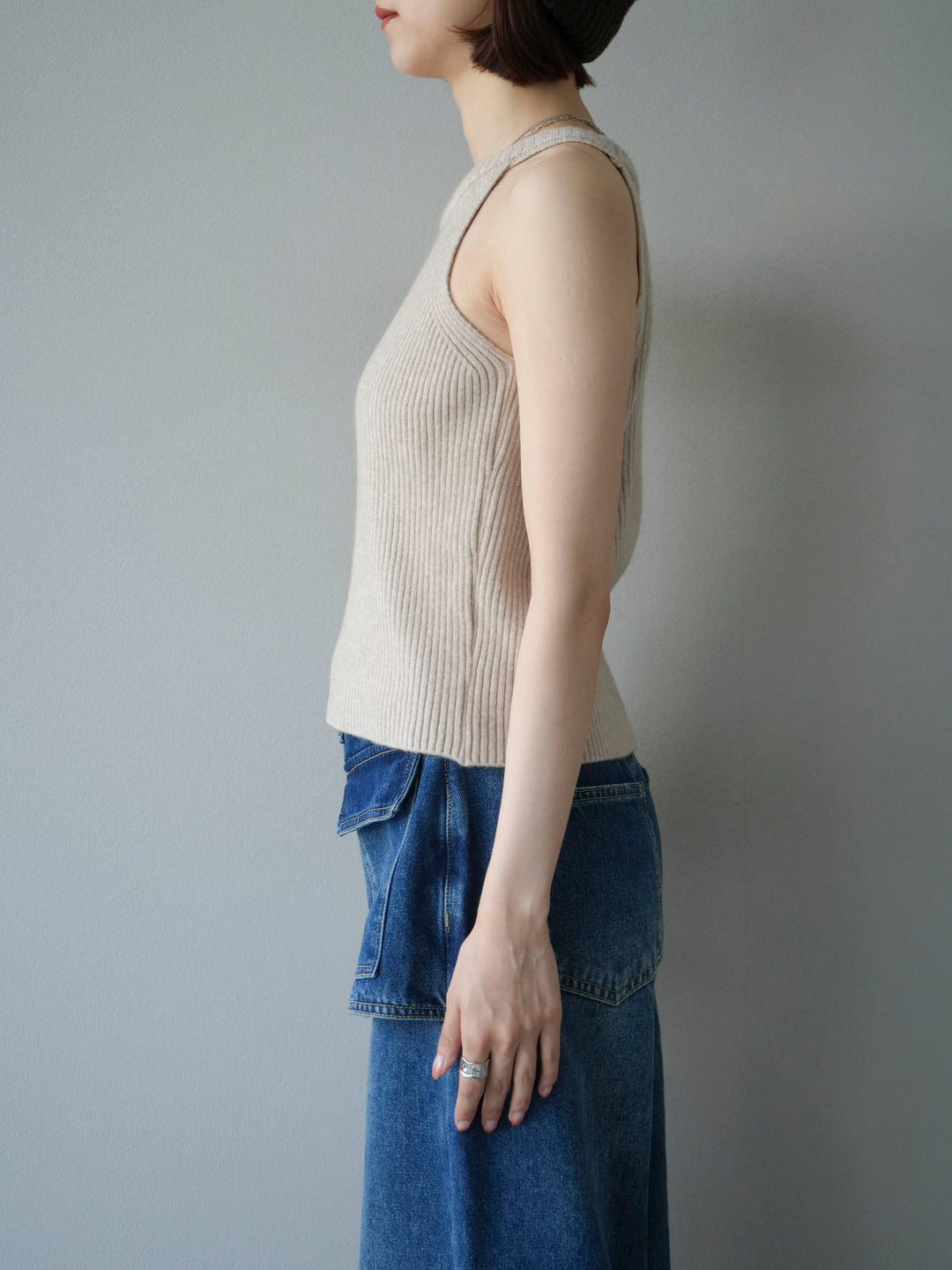 [予約]リブニットアメスリタンクトップ/ベージュ